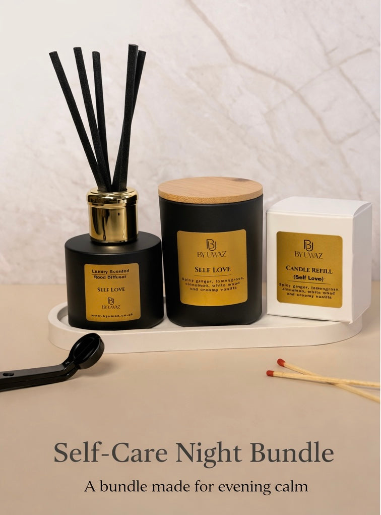 Self-care night bundle with diffuser, candle, and other items on a neutral background